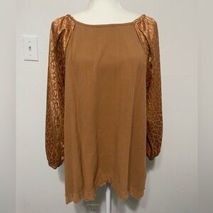 Umgee Brown Tunic with Leopard Print Sleeves